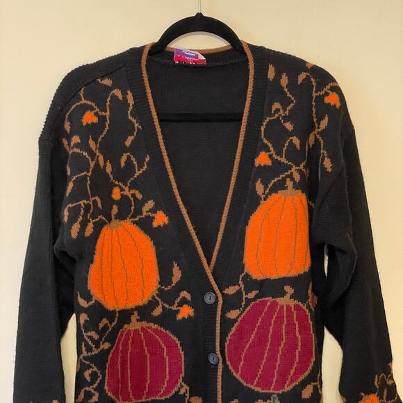 90s Vintage XL long sleeve fall cardigan pumpkins knit button up cozy black - Picture 2 of 8